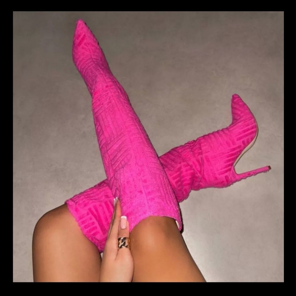 One of a kind pink cloth sweater boot